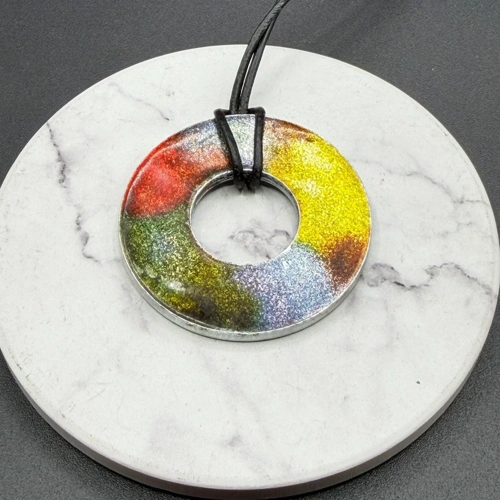 SA Signed Multicolor Glitter Donut Pendant Black Cord Necklace Modernist Art